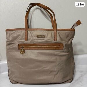 Michael Kors Taupe Nylon Tote with Brown Leather Trim